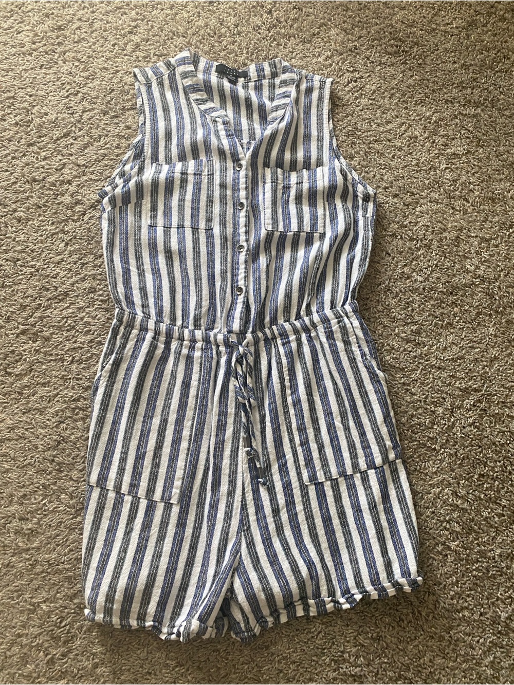 Striped Blue & White Linen Blend Sleeveless Romper